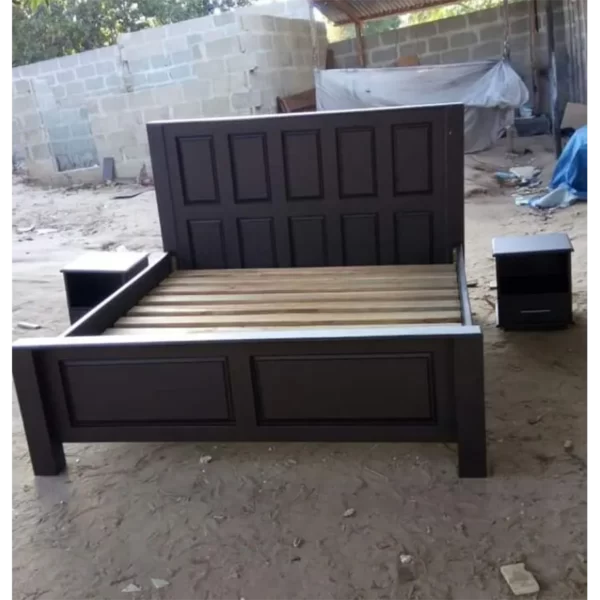 chocolate brown wooden bed with two side drawers