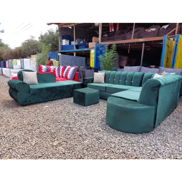 green L-shaped sofa with a sofa bed
