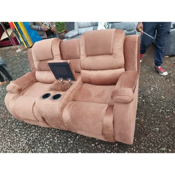light brown semi-recliner 2 seater with storage unit