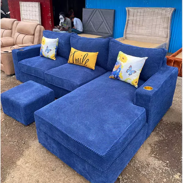 Blue bubble fabric 6 seater l shaped sofa