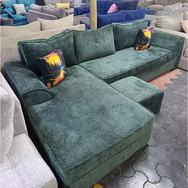6 seater green l shaped sofa
